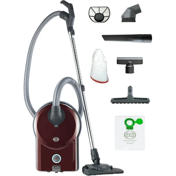 SEBO Airbelt D1 Turbo red canister vacuum with turbo head, parquet brush and attachments