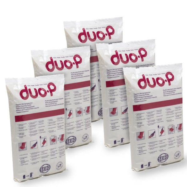 SEBO DUO-P carpet cleaning powder refill package with five 1.1 pound bags, part 0472AM