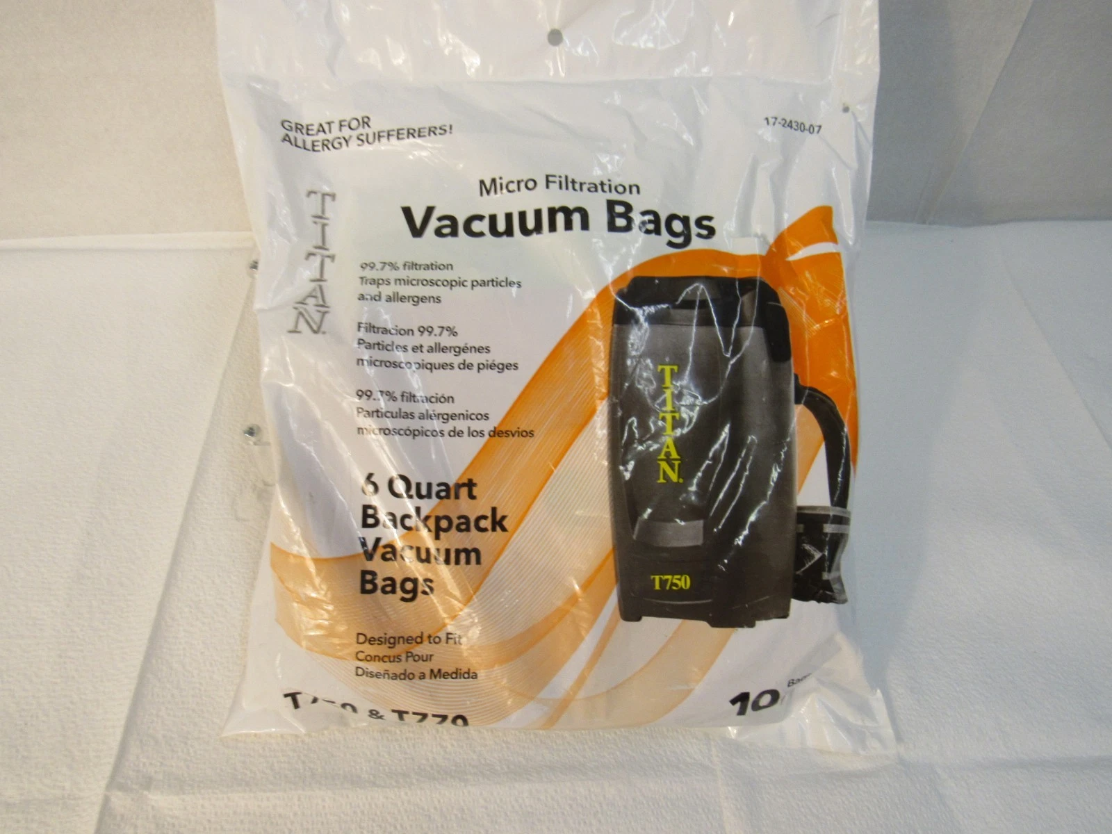 Titan SC100 backpack vacuum bags, ten-pack, part 17-2430-07 for T750 and T770